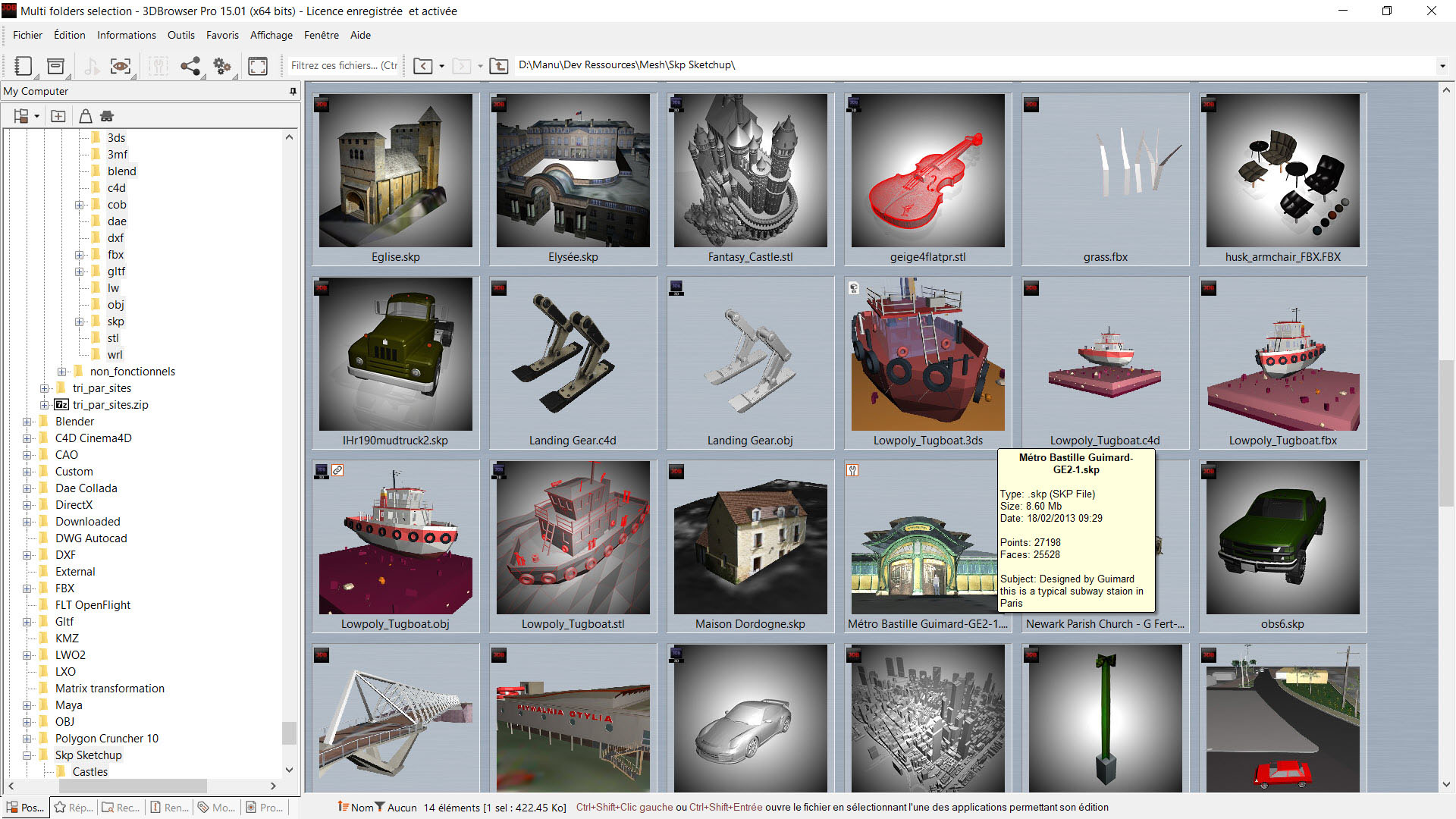 L'explorateur de 3DBrowser permet de sélectionner plusieurs répertoires et d'afficher leur contenu en vue aplatie(images et scènes 3D). Un filtre rapide permet de n'afficher que certains fichiers (par exemple les fichiers d'un certain type ou contenant certaines meta-données IPTC, XMP ou EXIF)